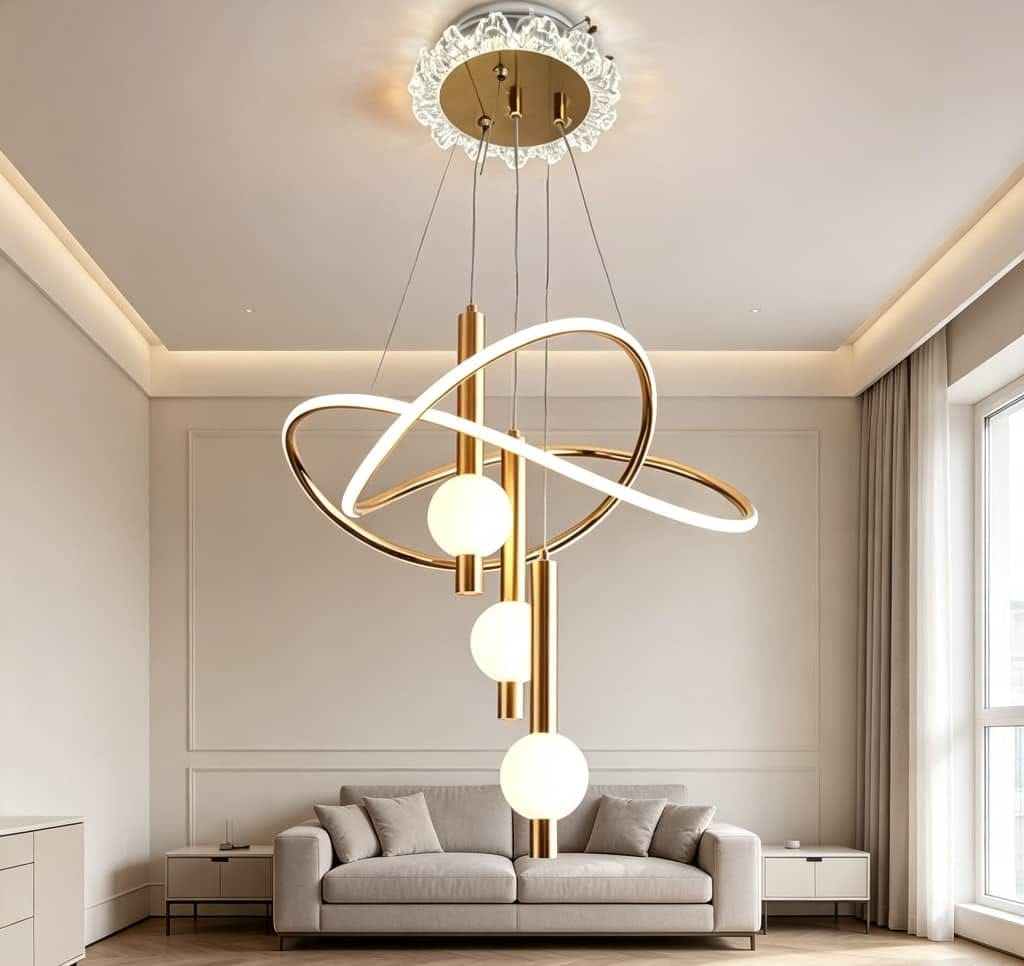 Premium gold orbit chandelier with globe drops